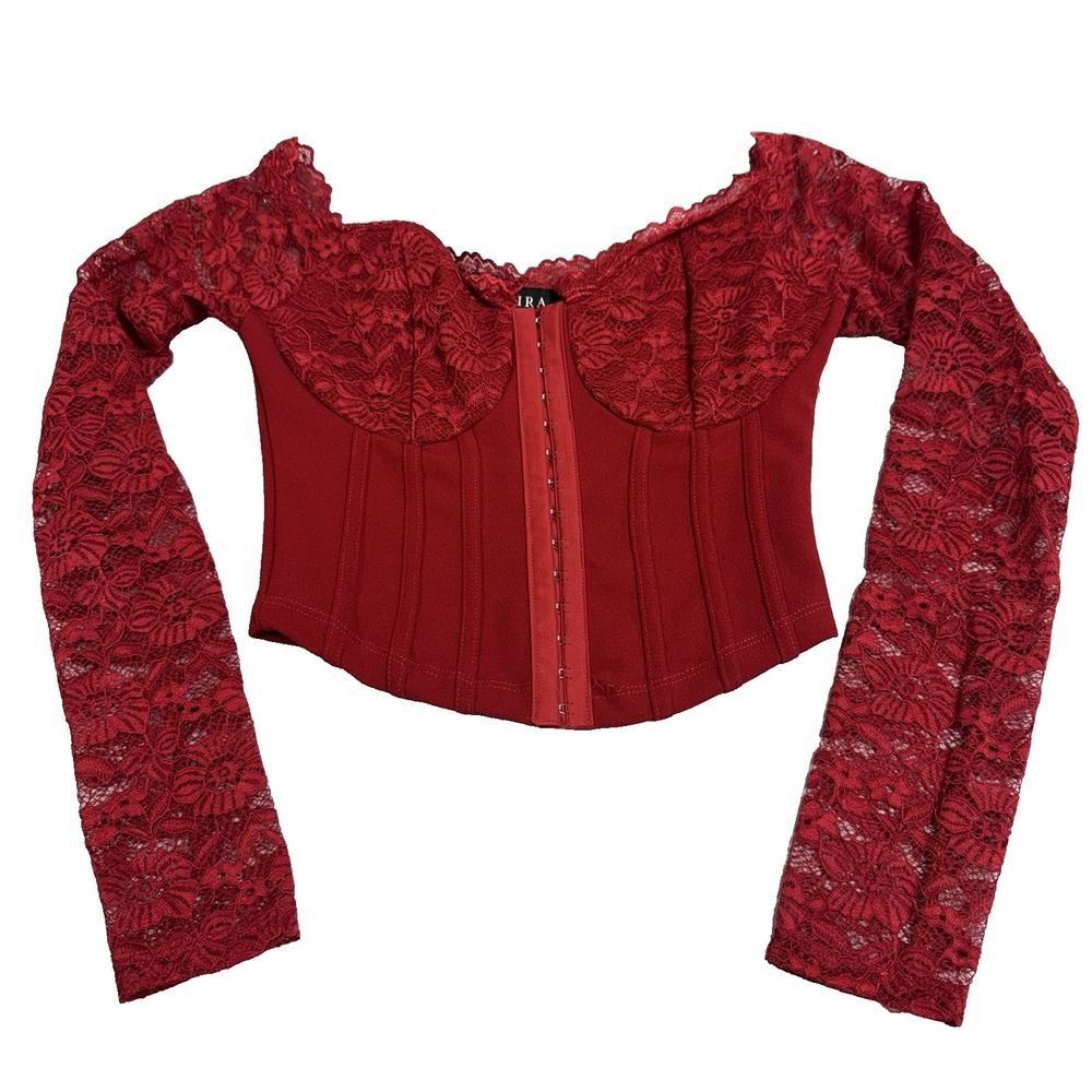 AKIRA Womens Small‎ Red Corset Bustier Date Night Lace Sleeves Regency Going Out